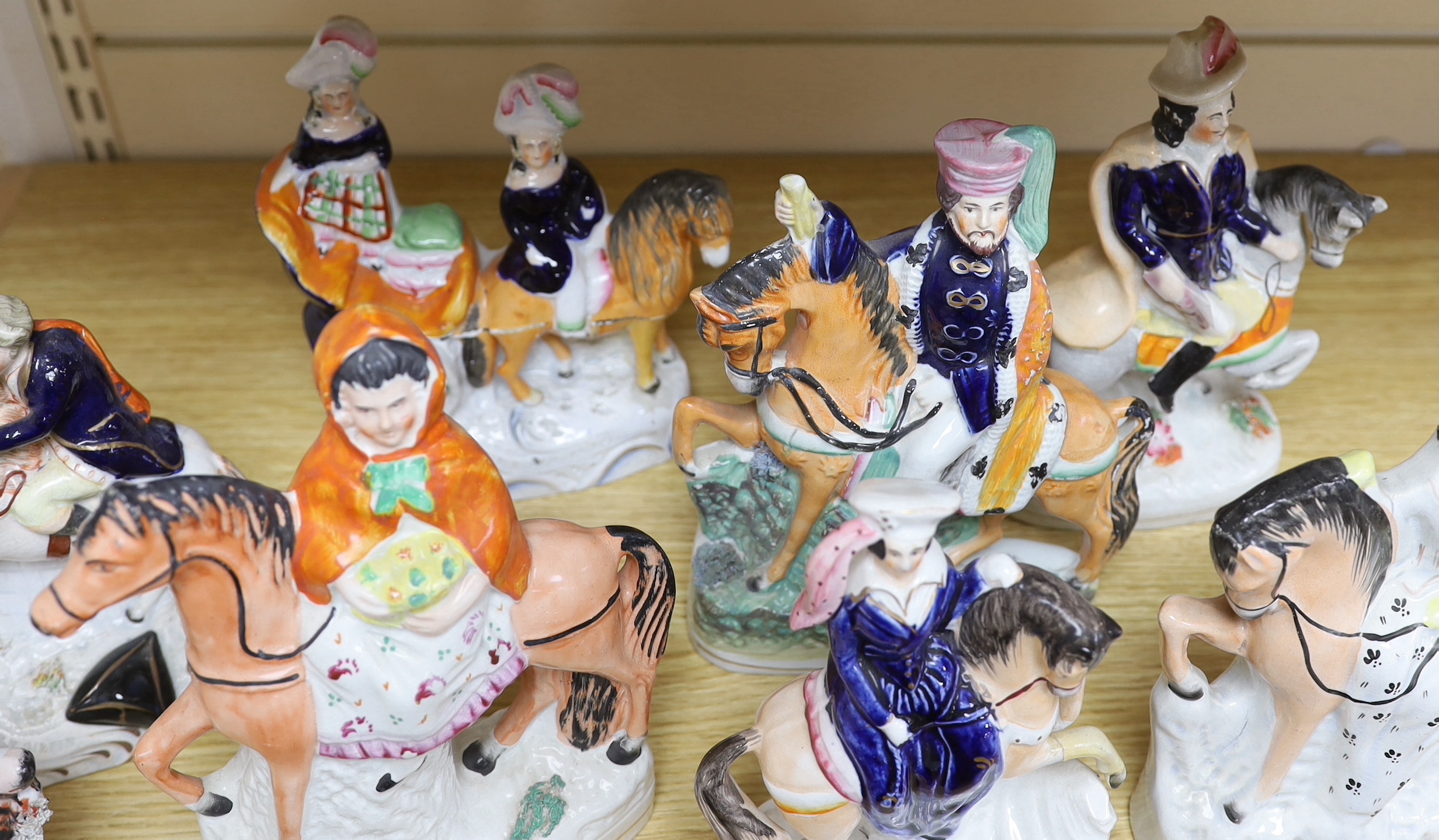 A Staffordshire pottery group of Prince and Princess, John Gilpin and six similar groups , tallest 23cm
